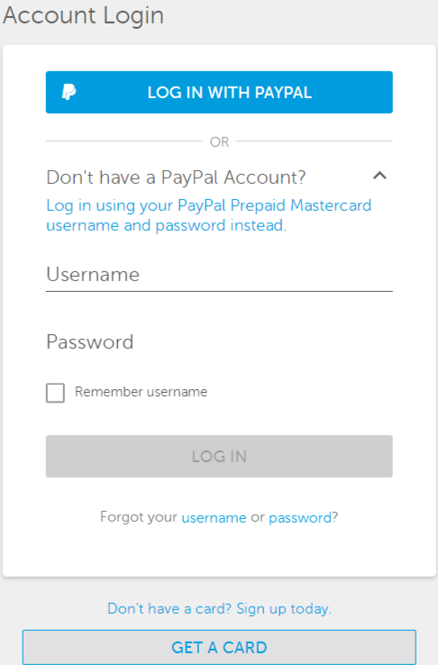 paypal mastercard login prepaid